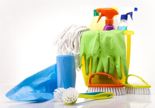 Professional carpet cleaner treating hallway carpet